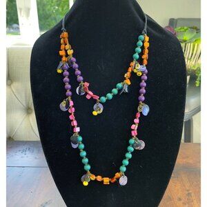 Vintage Double Strand Statement Necklace Boho Wood Bead Shells Jewels Multicolor
